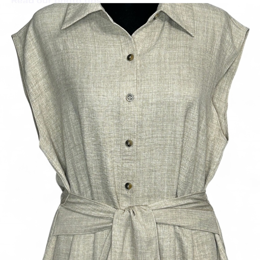 EMMA & MICHELE Taupe Sleeveless Romper M, W/Button Up Pockets Tie Waist - Picture 2 of 8